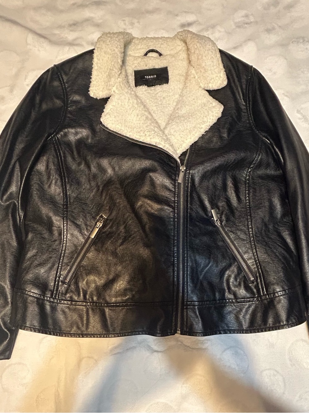 torrid Black Faux Leather Jacket with Cream Sherpa Collar